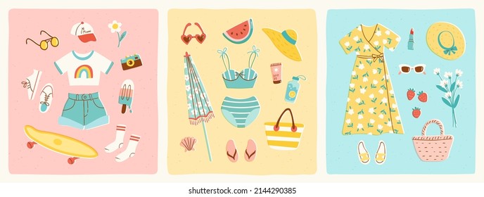 Set of summer outfits in trendy retro style. Romantic dress, skater girl's T shirt and shorts, swimsuit and beach accessories. Vector illustration of summertime women's fashion.