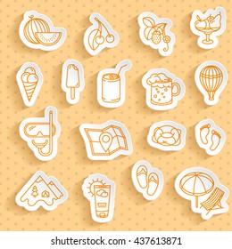 Set of summer paper stickers.
Summer food, recreation, vacation stickers with long transparent shadow.