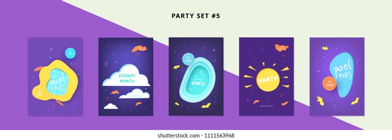 Set of Summer Party banners. Vertical flyers for holiday design with papercut  elements. Cards for social media and web.  Vector illustration.