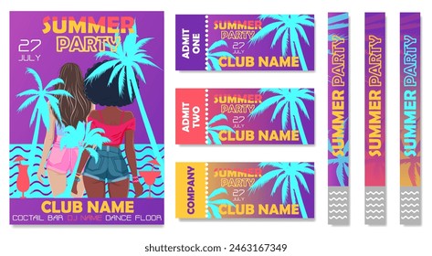 Set for summer party, disco club, beach party. Invitation. Poster, ticket, pass bracelet.  Colorful summer disco party poster. Vector graphics.