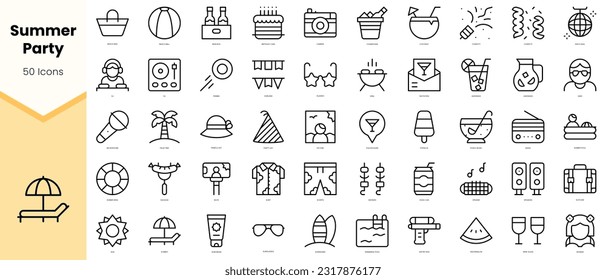 Conjunto de Iconos de fiestas de verano. Paquete de iconos de estilo de arte de línea simple. Ilustración del vector