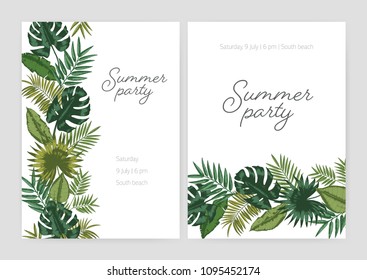 Set of summer party invitation, poster, flyer templates with borders made of green foliage of tropical plants and exotic palm tree leaves on white background and place for text. Vector illustration.