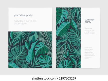 Set of summer party invitation or poster templates with lush tropical vegetation, exotic leaves or jungle foliage and place for text. Vector illustration for event announcement, advertisement.
