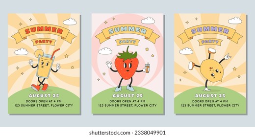 Conjunto de plantillas de afiches para fiestas de verano. Caricatura tierno de limonada, fresa y limón en estilo groovy y2k. Ilustración del vector