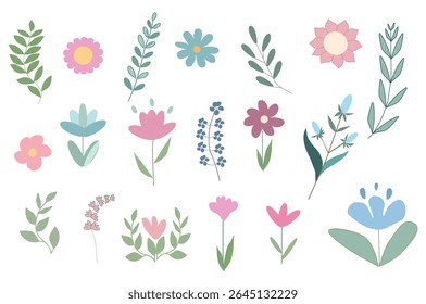 Conjunto de elementos de flor pastel de verão vetor. Coleção botânica de flores silvestres e folha no ramo, no fundo branco. Ilustração floral desenhada à mão para cartão, páscoa, cartaz, clipart