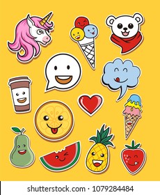 Set of summer patches, cute colorful badges, fun cartoon icons design vector