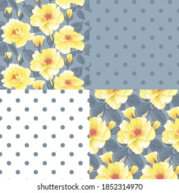 SET OF summer pattern with yellow roses seamless for surface design and more so for women with floral motif in vector
