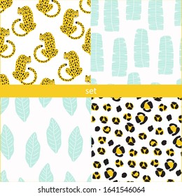 Set of summer patterns with animals and tropical leaves. Vector illustration for printing on fabric, packaging paper, tableware, postcard, Wallpaper. Cute children's background.