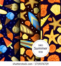 Set of summer patterns. Cartoon style. Vector illustration.
