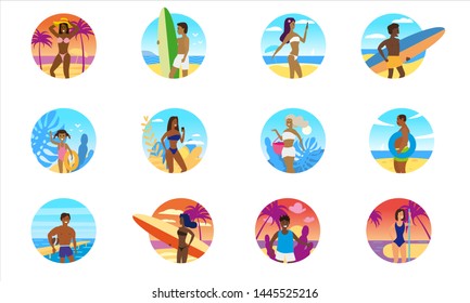 Set summer people beach icons decorative. Vacation trip holiday beach outdoor activty on ocean sea, surf, palms, flora, sunbathing. Vector flat cartoon isolated illustration