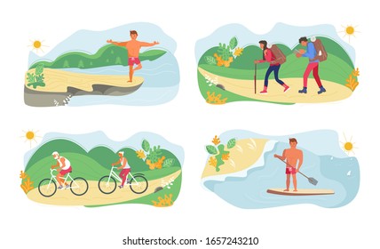 Conjunto de verano que realiza diversas actividades. Hombres haciendo yoga y hombre Stand Up Paddle Surfing, jóvenes familias yendo a caminatas, adultos en bicicleta. Dibujo vectorial plano.