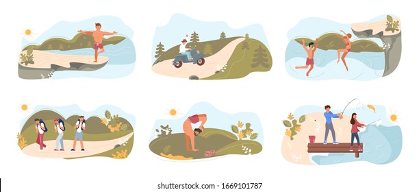 Set of Summer performing various activities. People going to hiking, doing yoga, diving, fishing. Flat Cartoon vector Illustration.
