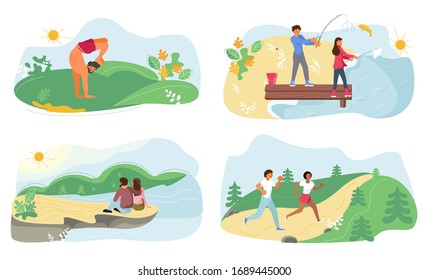 Set of Summer performing various activities. People hev romantic date on canyon cliff, jogging, doing yoga, fishing. Flat Cartoon vector Illustration.