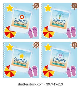 Set of summer photos with different summer objects on colored backgrounds