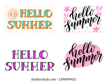 Set of summer phrases. Hello summer. Colorful vector design elements. Handwritten lettering, 3 d effect. Isolated colors.