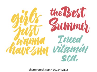 Set of Summer phrases. Modern calligraphy quotes. Custom handwriting lettering for posters, t-shirts and cards. Vector calligraphy isolated on white background. Eps 8,10. Trendy style.