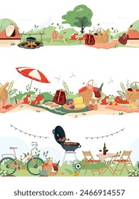 Set of summer picnic borders. Hand drawn horizontal seamless pattern, baskets full of delicious, bbq grill party, furniture, camping with tent for relax outdoor. Great for textiles, banners, wallpaper