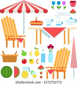 Set of Summer Picnic flat vector illustration on white.