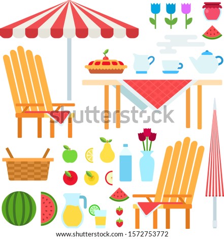 Set of Summer Picnic flat vector illustration on white.