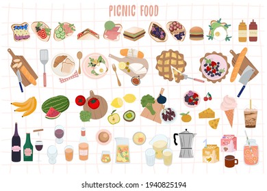 Set of Summer Picnic food: fruits, vegetables, berries, sandwich, toast, pie, drink. Perfect for invitation card and posters. Editable Vector Illustration.