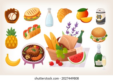 Set of summer picnic party images with fruit, basket and wine. Isolated colorful vector stickers.