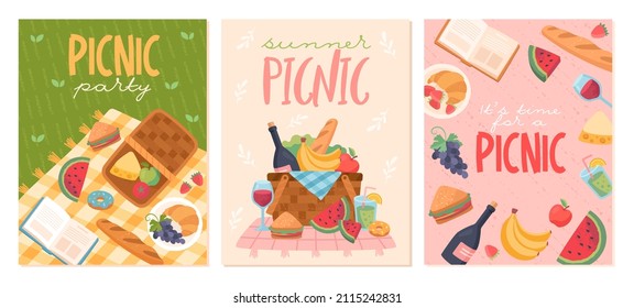 Set of Summer picnic poster. Colorful postcards with vegetable, fruit, drink and tablecloth for lunch in forest or in park. Greeting cards. Cartoon flat vector collection isolated on white background