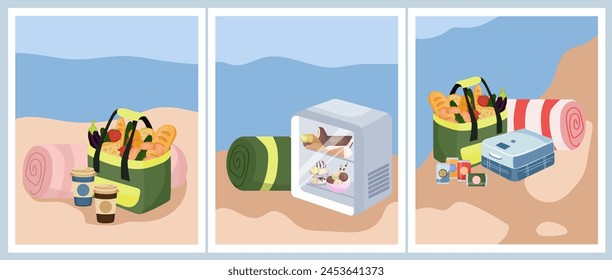 Set of summer picnic posters and postcards with a colorful beach backdrop, featuring a picnic basket, a cooler, and an array of tasty treats