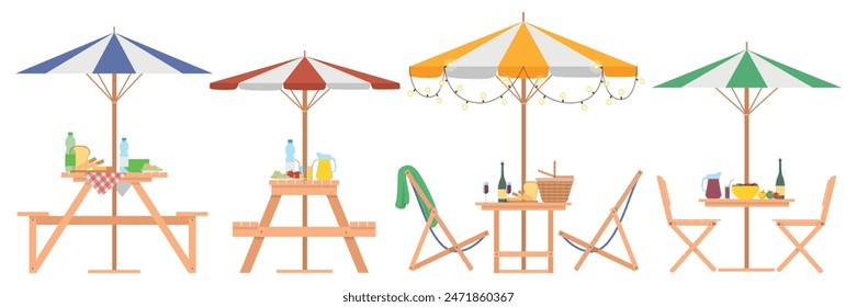 Set of summer picnic tables in cartoon style. Vector illustration of picnic tables with delicious food, chairs, sun striped umbrellas isolated on white background. Picnic in nature, on the beach.