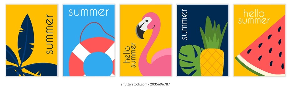 Montaje de fotos de verano. Flamingo, LifeBuoy, hojas, plantas, sandía, piña. Colección de imágenes brillantes y soleadas. Elementos gráficos del sitio web. Ilustración vectorial plana aislada en fondo blanco