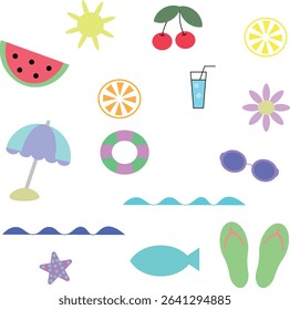 Set of summer pictures, sea, drinks, umbrella, beach images. Summer pattern, background and wallpaper