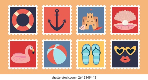 Set of summer postage stamps with beach elements like lifebuoy, anchor, sand castle, seashell, flamingo, ball, flip-flops and sunglasses. Trendy modern vector illustration, hand drawn, flat design