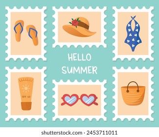 Set of summer postage stamps with different elements. Swimsuit, flip flops, sunglasses, sunscreen, bag and hat. Beach, summer or vacation theme. Vector illustration. 