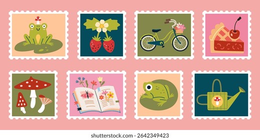 Set of summer postage stamps with frogs, strawberry, bicycle, mushrooms, open book with flowers, herbarium, and garden watering can. Trendy modern vector illustration, hand drawn, flat design