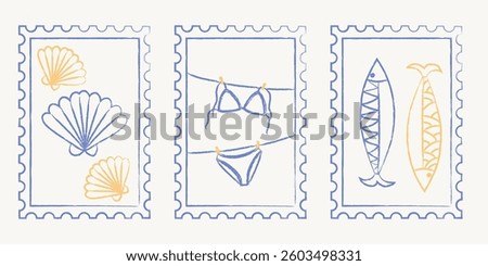 Set of Summer postal stamps with seashells, swimwear and sardines