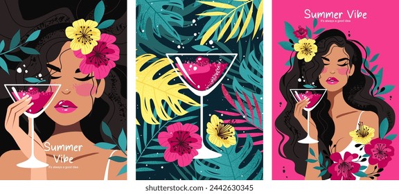 Set of summer postcards with a beautiful woman, cocktail, flowers and tropical palm leaves. Tropical illustration. Summer holliday, party, vacation, travel. Vector templates for card, poster and flyer