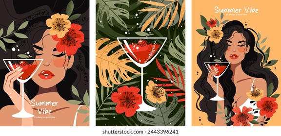 Set of summer postcards with a beautiful woman, cocktail, flowers and tropical palm leaves. Tropical illustration. Summer holliday, party, vacation, travel. Vector templates for card, poster, flyer