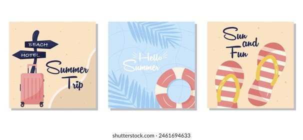 Conjunto de postales de verano con Elementos de verano, un salvavidas, zapatillas de playa y maleta, póster de vacaciones o Plantilla de tarjeta de invitación de viaje de verano de Anuncio de viaje. Ilustración vectorial.