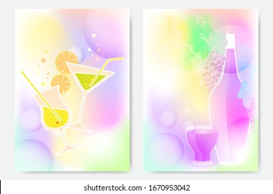 Set of summer postcards. Juicy fruits,  refreshing drinks. Design greeting card, invitation, banner, flyer.