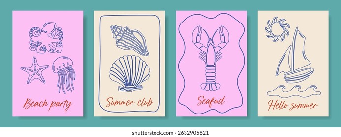 Set of summer postcards in sketch style. Vintage postcards with hand-drawn sea animals and marine attributes. Vector.