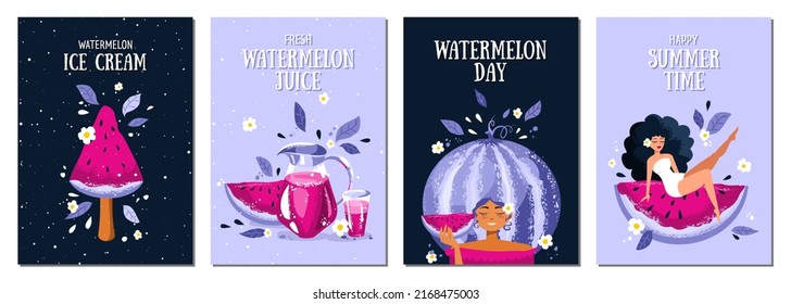 Set of summer postcards with watermelon, watermelon fresh, a woman and watermelon ice cream.Tropical illustration. Summer holliday, party, vacation, travel. Vector templates for card, poster and other