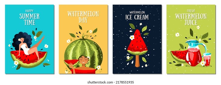 Set von sommerlichen Postkarten mit Wassermelone, Wassermelone frisch, eine Frau und Wassermelone Eis.Tropische Illustration. Sommerurlaub, Feier, Urlaub, Reisen. Vektorvorlagen für Karten, Poster und andere