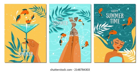 Set Of Summer Postcards With A Woman, Cocktail, Pool, Fishes And Palm Leaves. Tropical Illustration. Summer Holliday, Party, Vacation, Travel. Vector Templates For Card, Poster, Flyer, Banner And Othe