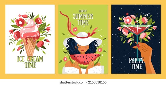 Set of summer postcards with woman in a hat with a watermelon, ice cream, watermelon fresh, leaves and flowers. Summer mood illustration. Holliday, party, vacation, travel.Vector templates for card, p