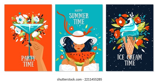 Juego de postales de verano con mujer en un sombrero con sandía, helado, sandía fresca, hojas y flores. Ilustración del ánimo de verano. Holliday, fiesta, vacaciones, viajes.Modelos vectores para tarjeta, p