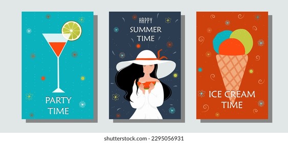 Set of summer postcards. A woman in a hat is eating a watermelon. Ice cream, summer cocktail. 