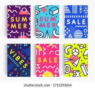 Set of Summer poster. Bright Memphis geometric design template for banner, card and flyer backgrounds. Creative vector illustration.