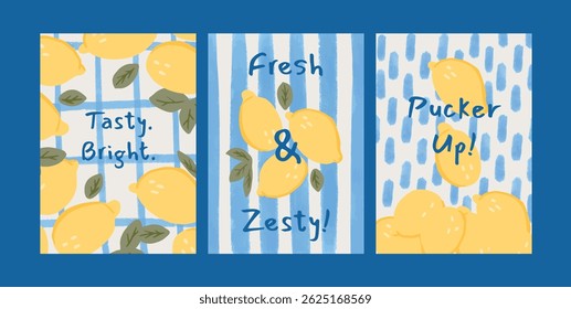 Set of summer poster cards with yellow lemons and hand drawn lettering in playful style. Watercolor texture and retro pattern backgrounds. Design for social media, food promo, print and decor.