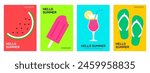 Set of summer poster collection. Watermelon, ice cream, cocktail, flipflop. Season event invitation, cover, promo, flyer, banner. Flat vector illustration in minimalistic style.