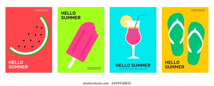 Set von Sommerposter Kollektion. Wassermelone, Eis, Cocktail, Flipflop. Saison Event Einladung, Cover, Promo, Flyer, Banner. Flache Vektorillustration im minimalistischen Stil.