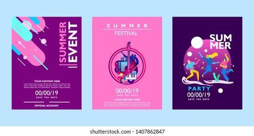 Set of summer poster design template. For music event, festival and party on colorful background